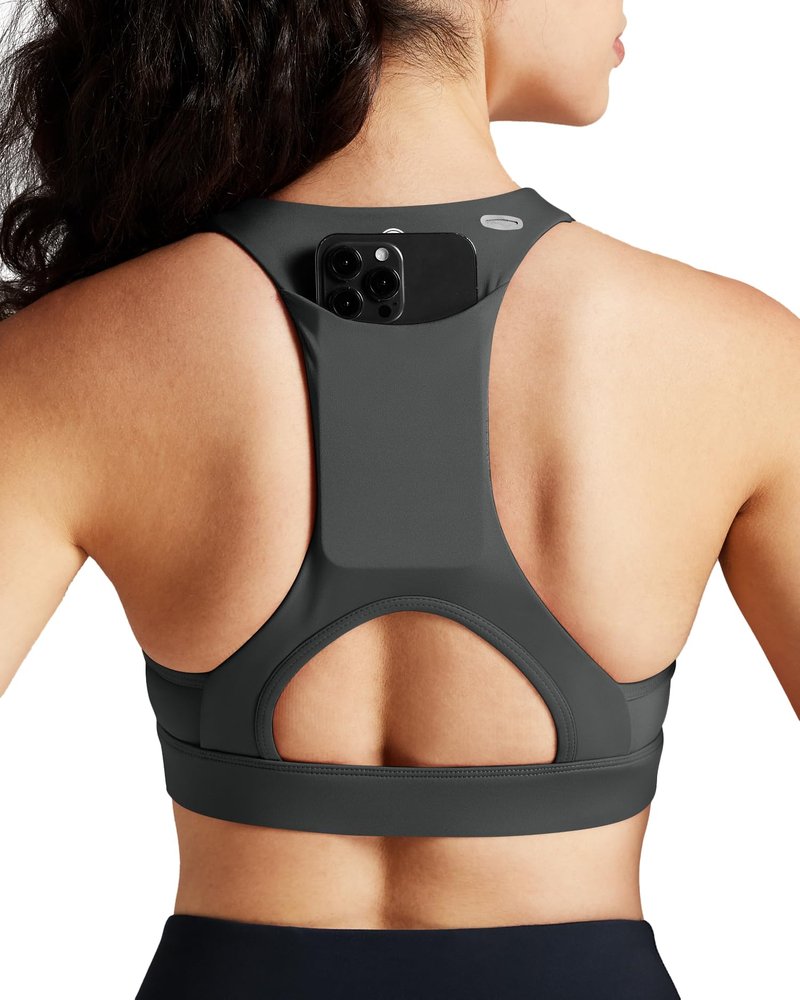 Queenie Ke BareFlow Sports Bras for Women V-Neck Medium Support Raceback Phone Pocket Bra Removable Cups Yoga Workout Tank Top (Dark Grey, Small)