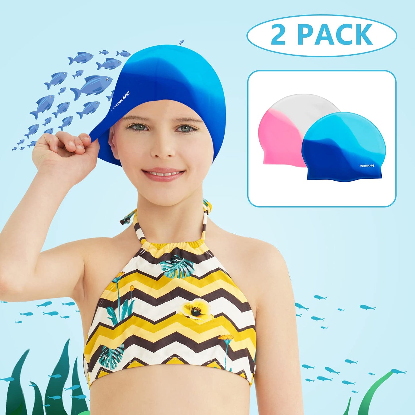 Swim Cap Kids (2 Pack), Durable Waterproof Swimming Cap for Girls Boys Teens Toddler Aged 3-12, Comfortable Fit for Long Hair and Short Hair