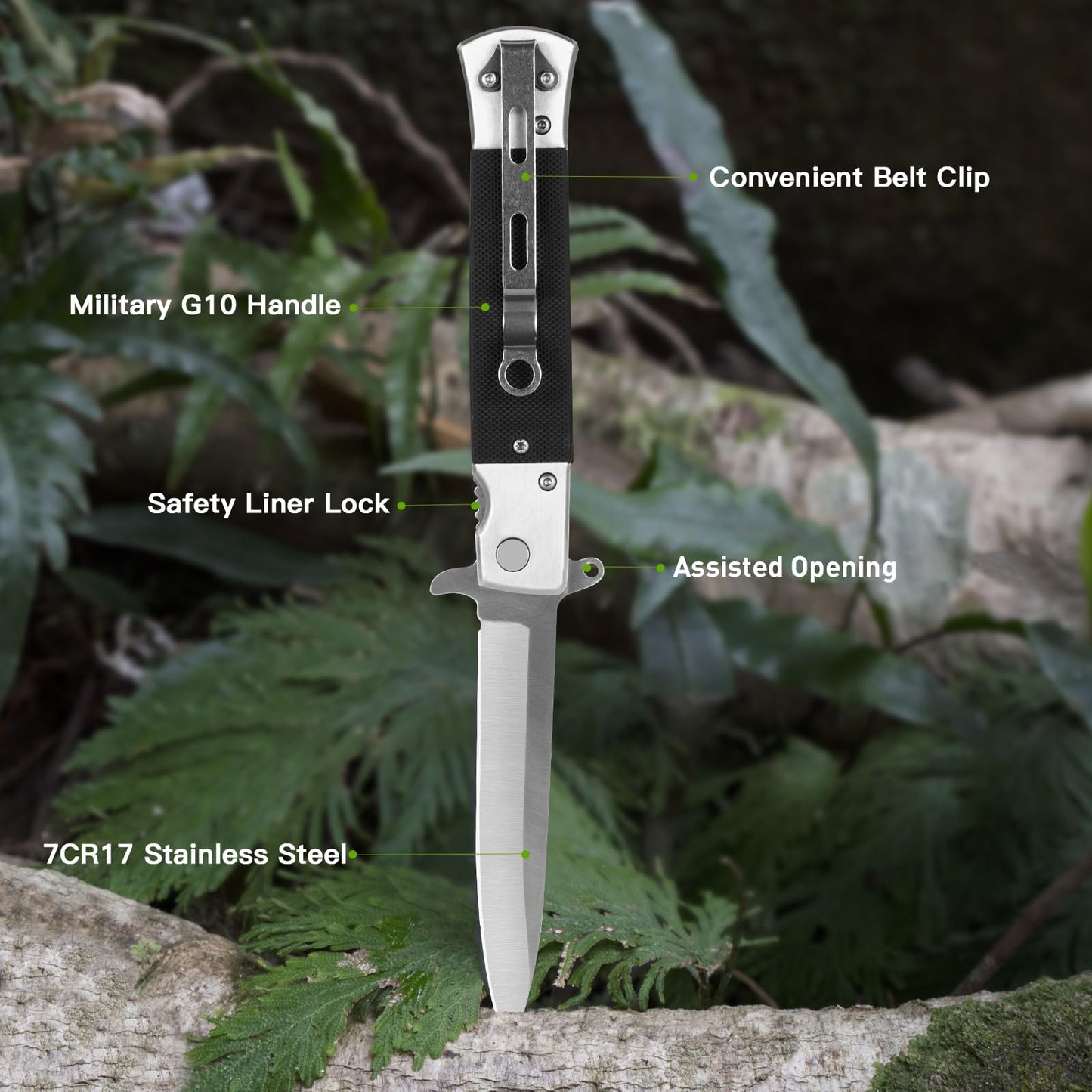 GVDV Folding Pocket Knife with G10 Handle, 7CR17 Stainless Steel EDC Knife with Safety Liner Lock, Hunting Camping Hiking Fishing Knife for Men Women, Silver