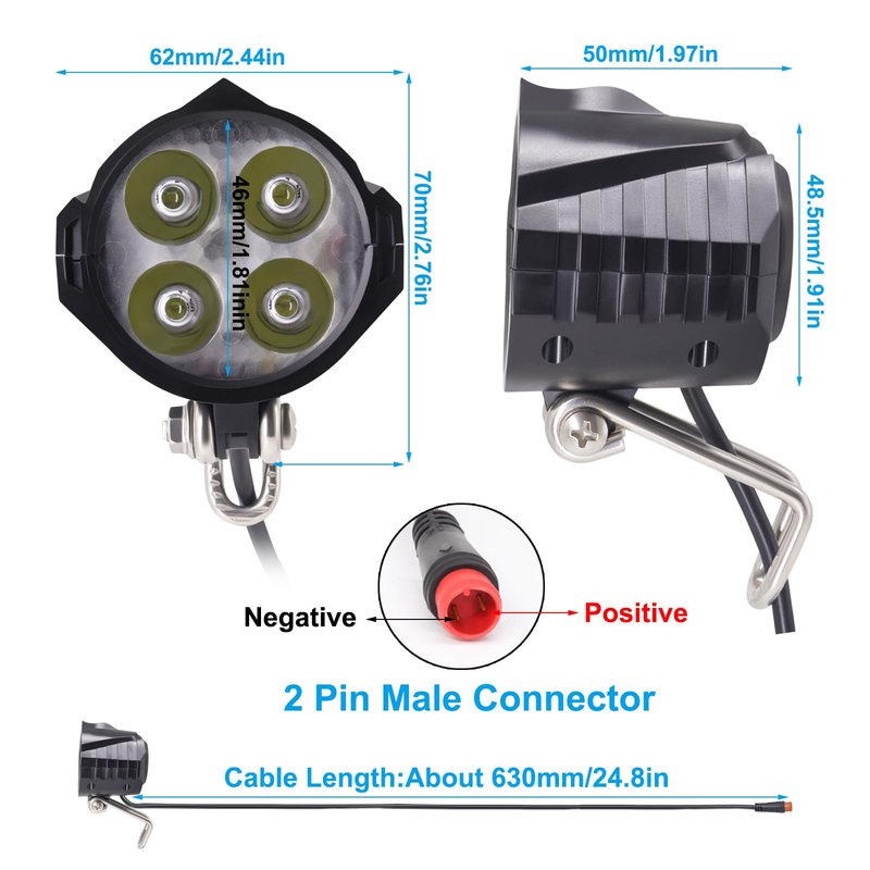 Ebike Headlight 48V 36V, 12V-60V Compatible, 2 Pin Waterproof Connector Electric Bike Front Light