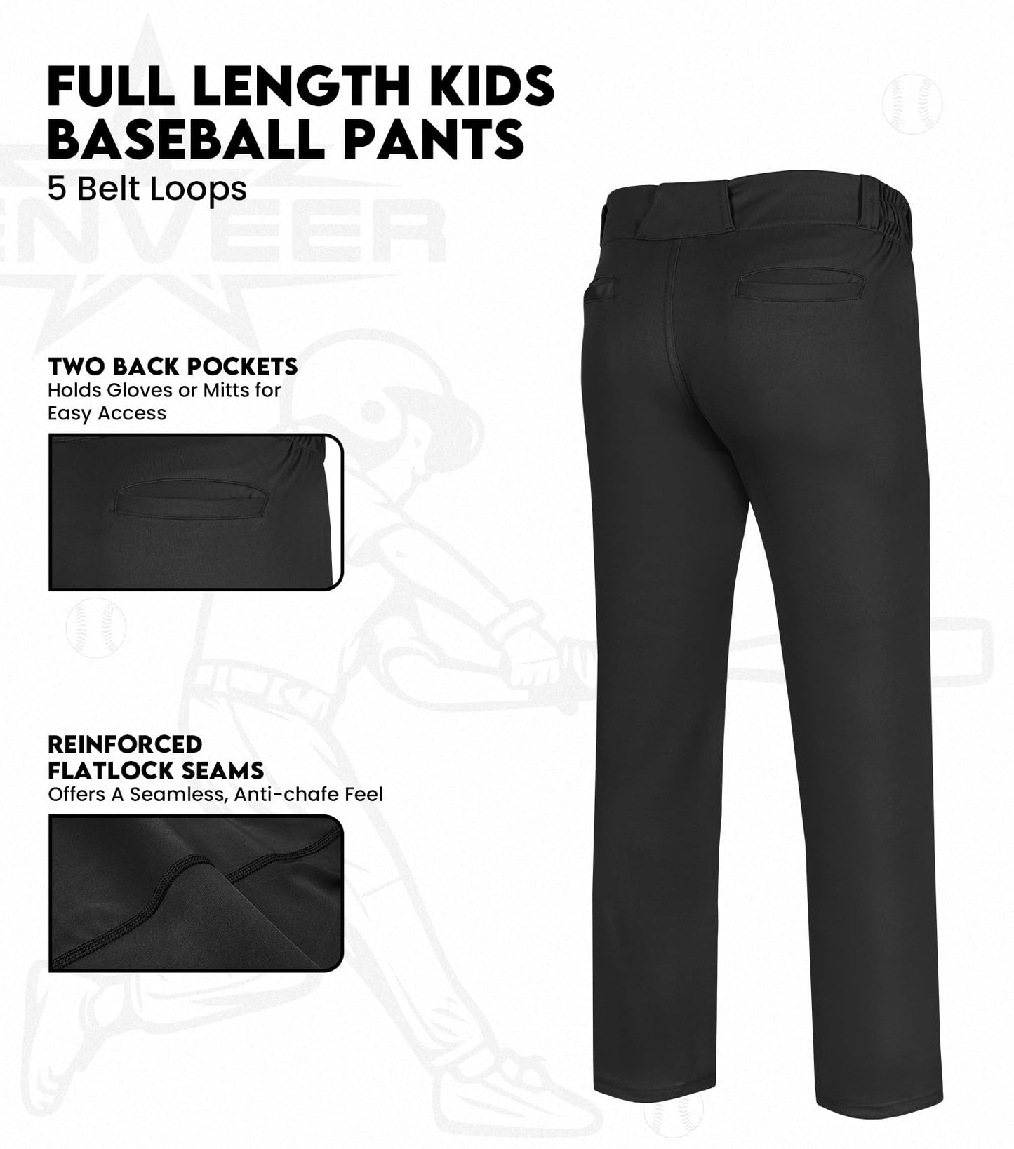 Penveer Youth Baseball Pants, Full Length Open Bottom Boys Baseball Pants with Durable Snap, Softball Pants, T Ball Pants (Black, YXS)
