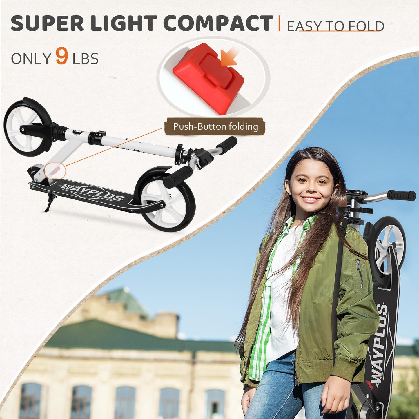 WAYPLUS Kick Scooter for Ages 6+,Kid, Teens & Adults. Max Load 240 LBS. Foldable, Lightweight, 8IN Big Wheels for Kids, Teen and Adults, 4 Adjustable Levels. Bearing ABEC9