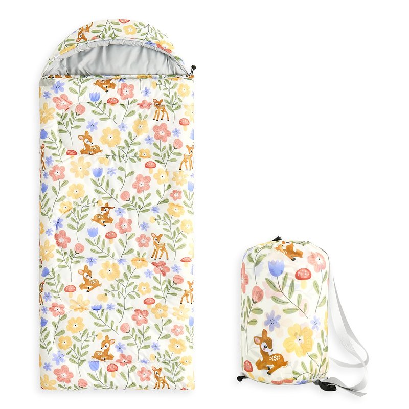 Wake In Cloud - Kids Sleeping Bag for Girls Toddlers, Camping in Warm Cold Weather, Backpacking Lightweight Compact Outdoor Liner for 3 Seasons, Deer Floral Garden, Cream