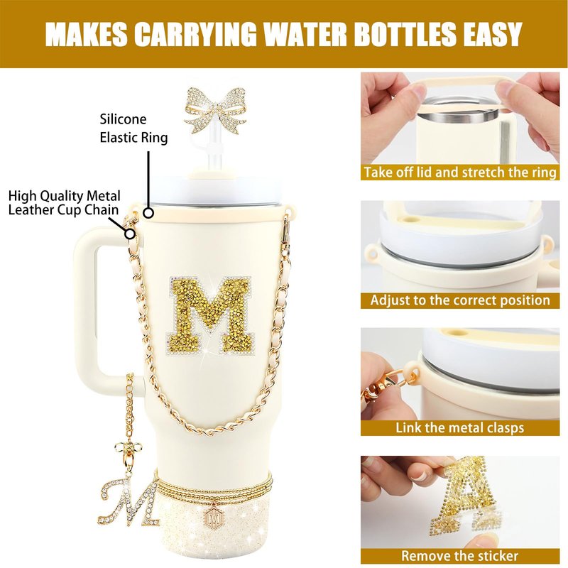 Hpebl 11PCS Gold for Stanley Cup Accessories Set 30/40 OZ Bling Rhinestones Bow Initials Charms for Stanley Decorations Tumbler Accessories Including Butterfly Straw Toppers, Tumbler Boot（Letter M）