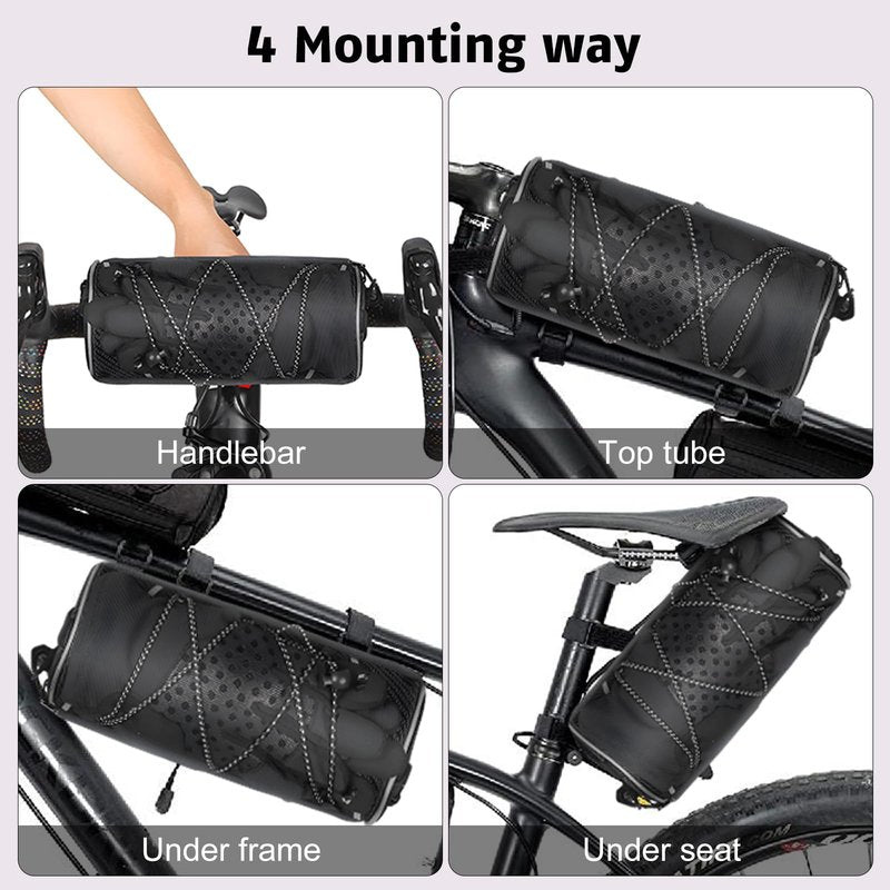 Bike Handlebar Bag - 2L Waterproof Bicycle Front Bag for Road & Mountain Bikes - Versatile Bikepacking Accessory with Reflective Safety Strips & Detachable Shoulder Strap - Fits E-bikes, Scooters