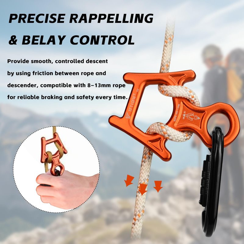 TFTICFH Figure 8 Descender, 30kN Climbing Descender, Heavy Duty 7075 Aluminum Belay & Rappel Equipment for Climbing, Mountaineering, Arborist, Caving, Aerial Yoga,Orange