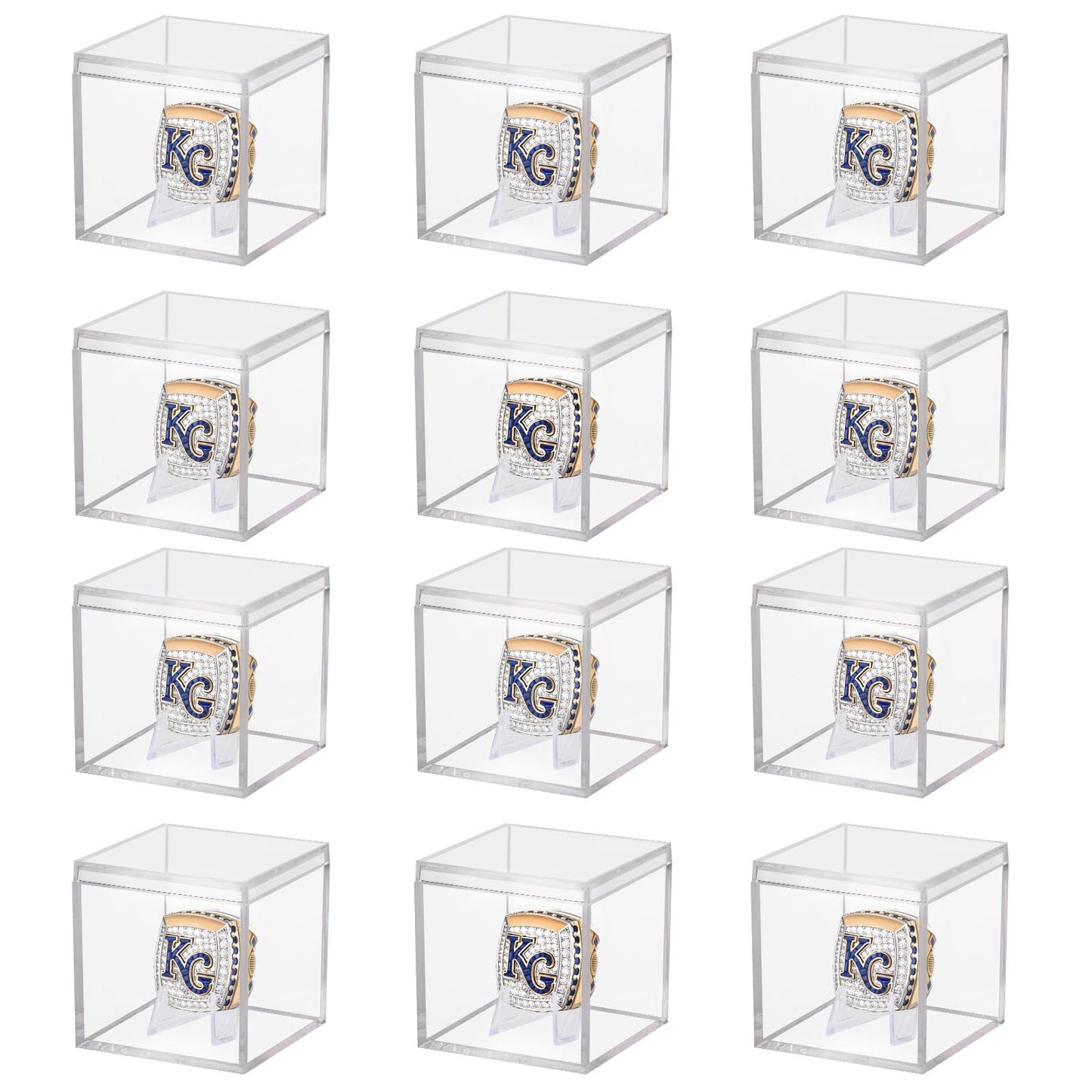 12 Pack Championship Ring Display Case Clear Acrylic Ring Case Display Box for Sports Baseball Softball Football Golf Single Ring Coin Holder Stand, 2.16 Inch