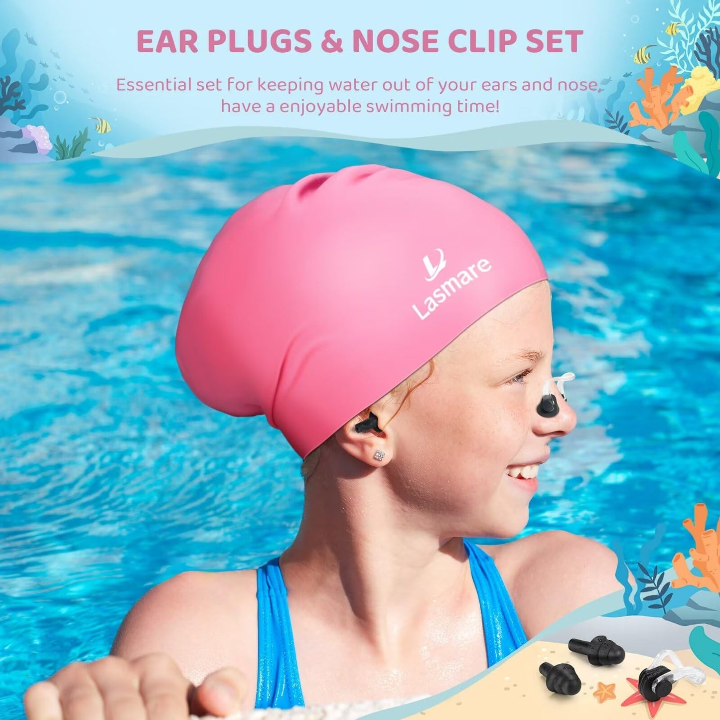 Kids Long Hair Swim Cap for Girls Boys, 3 Size Silicone Swimming Cap for Age 1-15 Toddler Children Teens, Waterproof Swim Hats Bathing Caps with Ear Plugs & Nose Clip to Keep Hair Dry(Age 3-8/Pink)