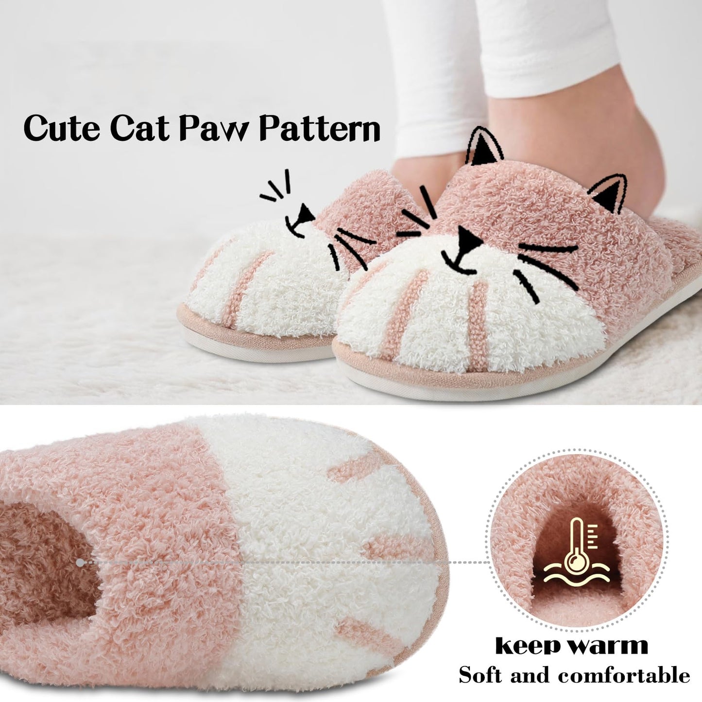MAXTOP House Slippers for Women Cat Paw Cute Fuzzy Slippers with Memory Foam Fluffy Cozy Christmas Birthdays Gifts for Woman Mom Indoor and Outdoor Size 9 10