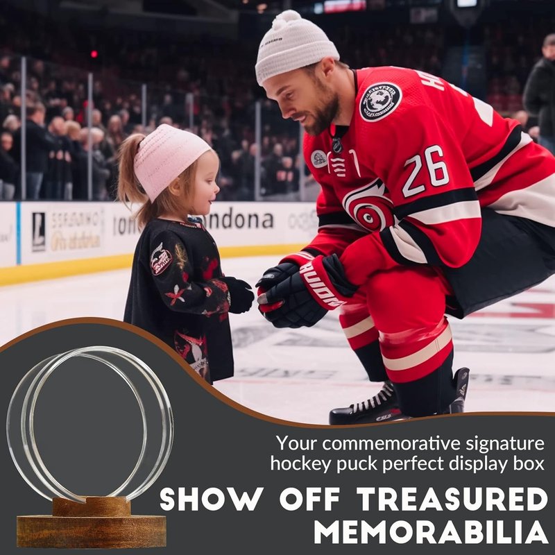Hockey Puck Display Case - Acrylic Clear Holder with Wood Base | Perfect for Autographs & Collectibles, Brown, 2 Pack