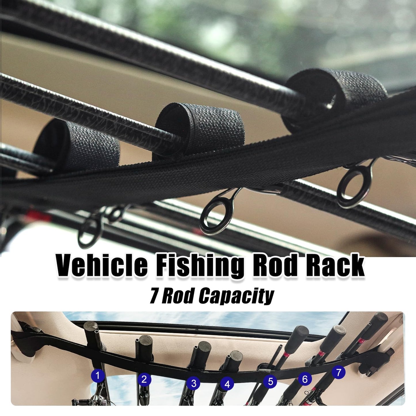 PSKOOK Vehicle Fishing Rod Holder, Car Fishing Pole Roof Rack Inside, 7 Rod Capacity,Heavy-Duty Nylon, Tool-Free Install,Black