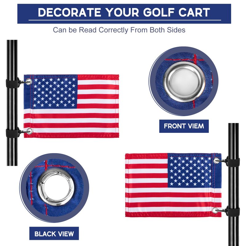 2PCS Golf Cart Flags, Double-Sewn Slik Satin Fabric 6 x 9"Golf Cart Flags, Easy Installation American Flags for Golf Cart, Boat, Bike, American USA Golf Flag with Elastic Strap Bracket
