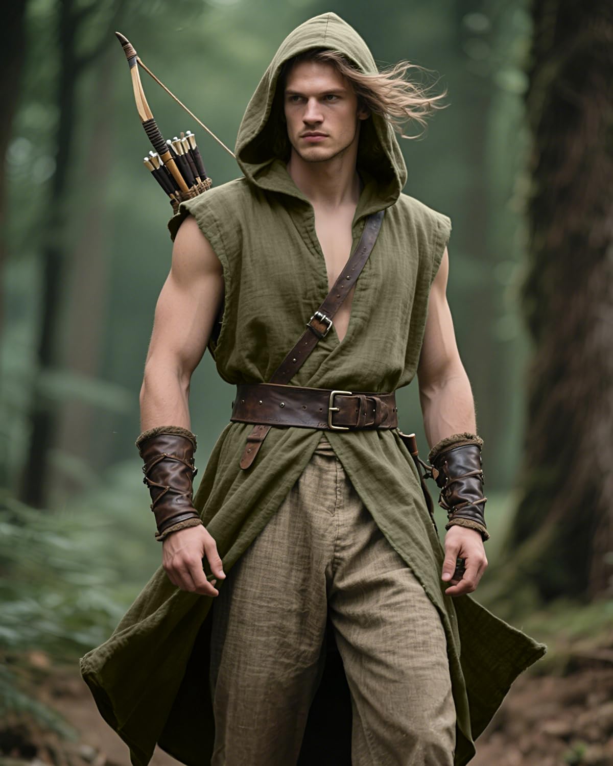 Medieval Sleeveless Hooded Surcoat Renaissance Assassin Costume (Green, L)