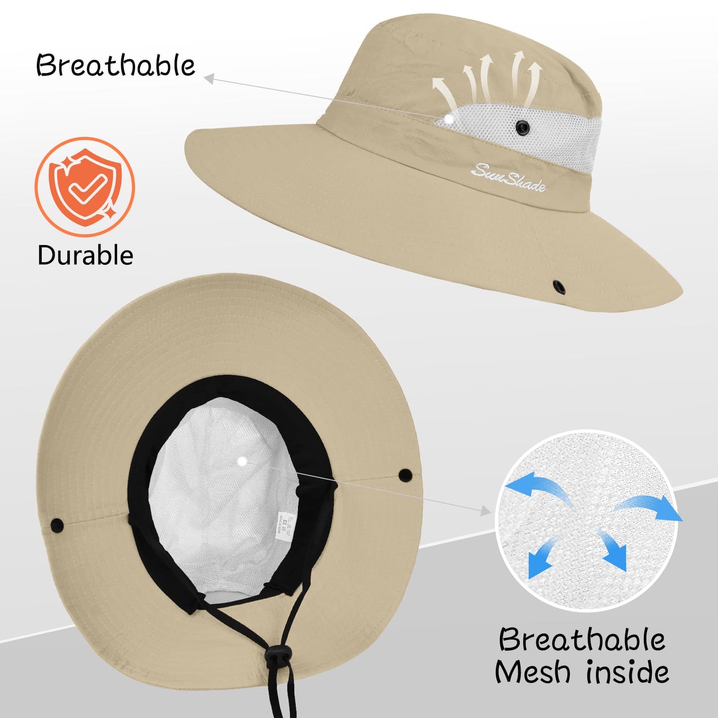 ZOORON Women's Ponytail Safari Sun Hat,Wide Brim UV Protection Bucket Hat