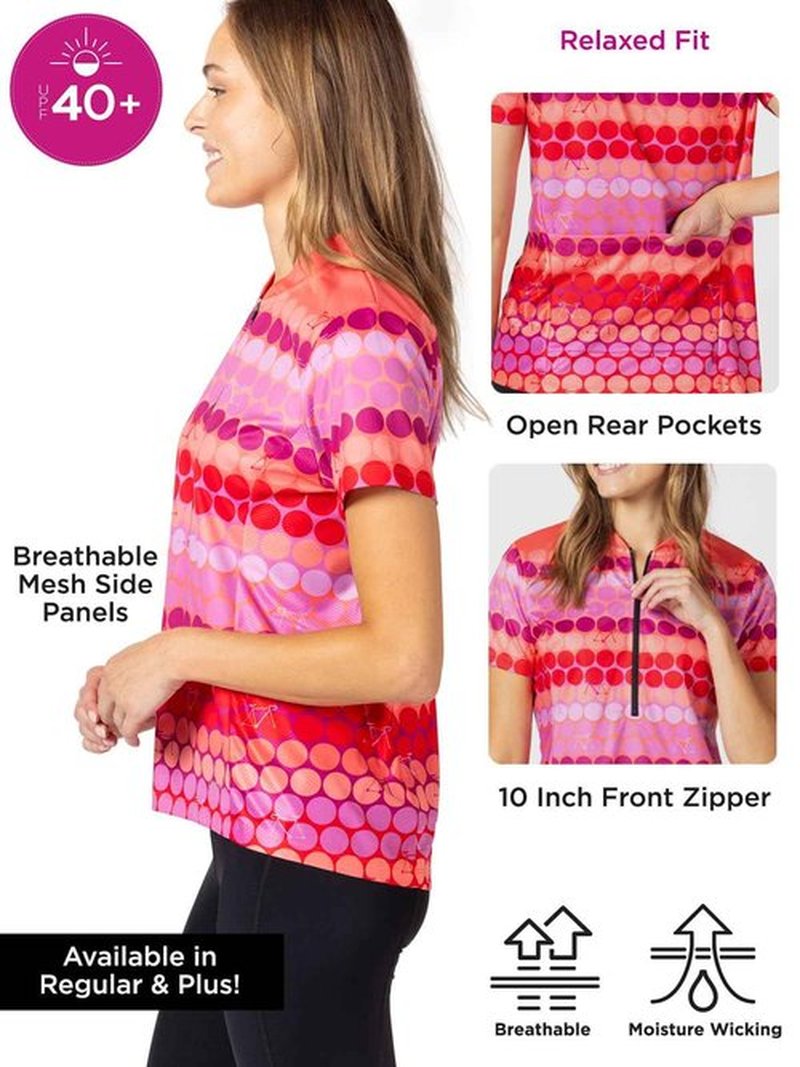 Terry Breakaway Mesh Short Sleeve Cycling Jersey Women UPF 50+ Sun Shirt 10 Inch Front Zip Relaxed Fit Reg. & Plus Sizes - Pink Dots, X Large