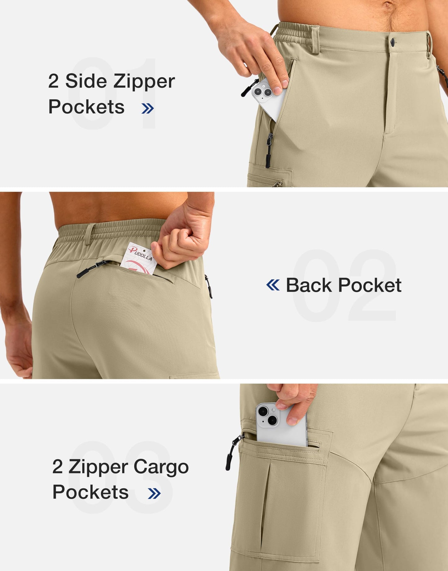 Pudolla Men's Hiking Shorts 11" Lightweight Cargo Work Shorts for Men Summer Travel Golf Casual Outdoor with 5 Pockets(Khaki XX-Large)