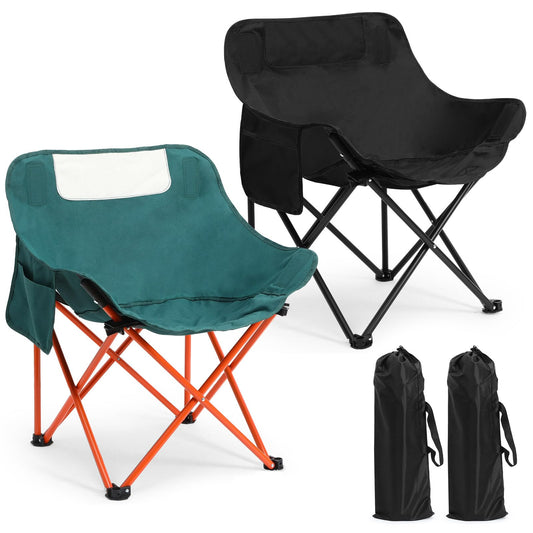 Seeloowy 2 Pack Compact Camping Chair Portable Folding Chairs for Outside with Carry Bag Lightweight Moon Chairs for Travel Picnic Hiking Beach Fishing, 600D Oxford, Supports 330lbs (Green, Black)