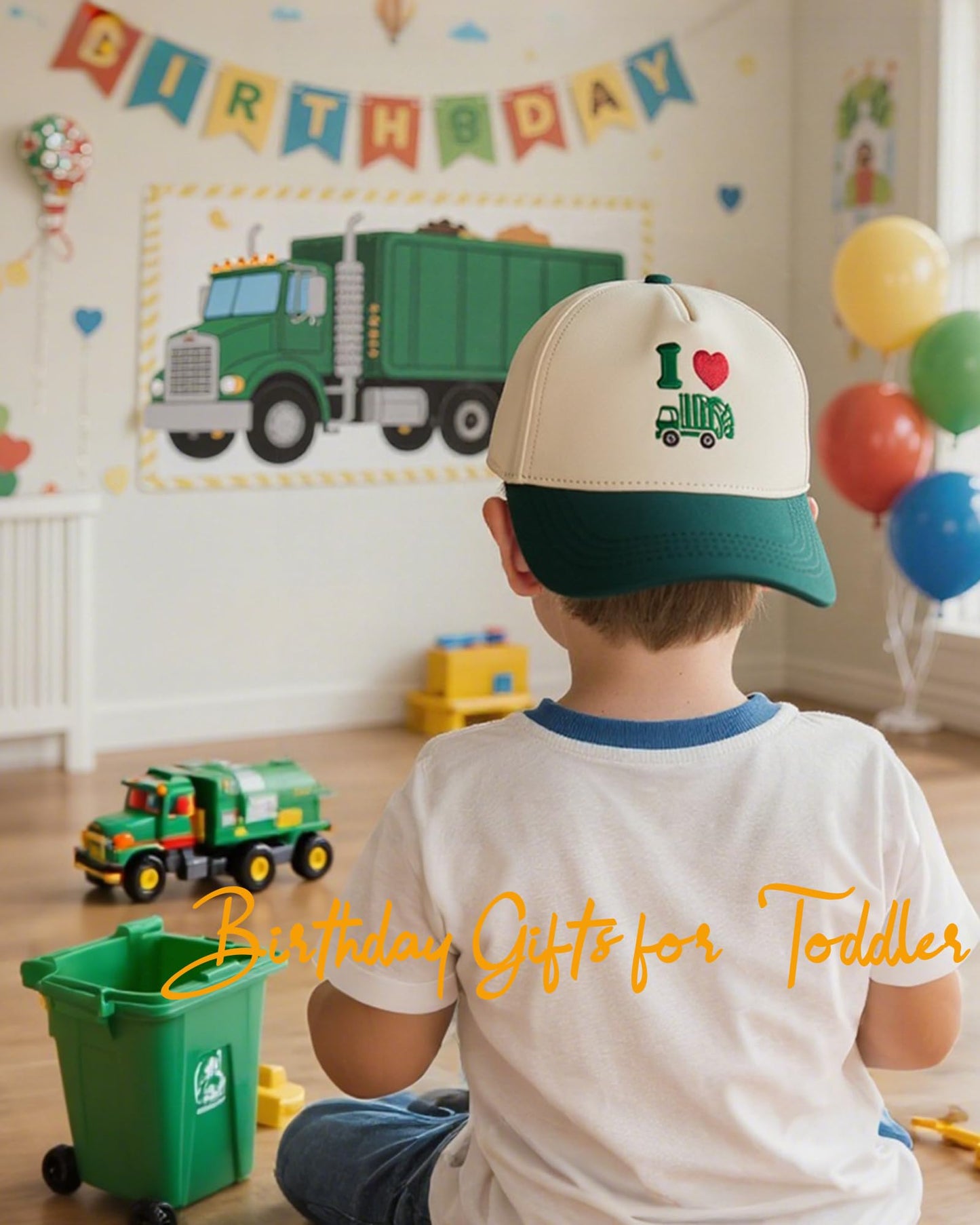 Waldeal Toddler Trucker Hats for Boys and Girls, Halloween Garbage Truck Mesh Snapback Baseball Cap for Kids Ages 2-6 Green