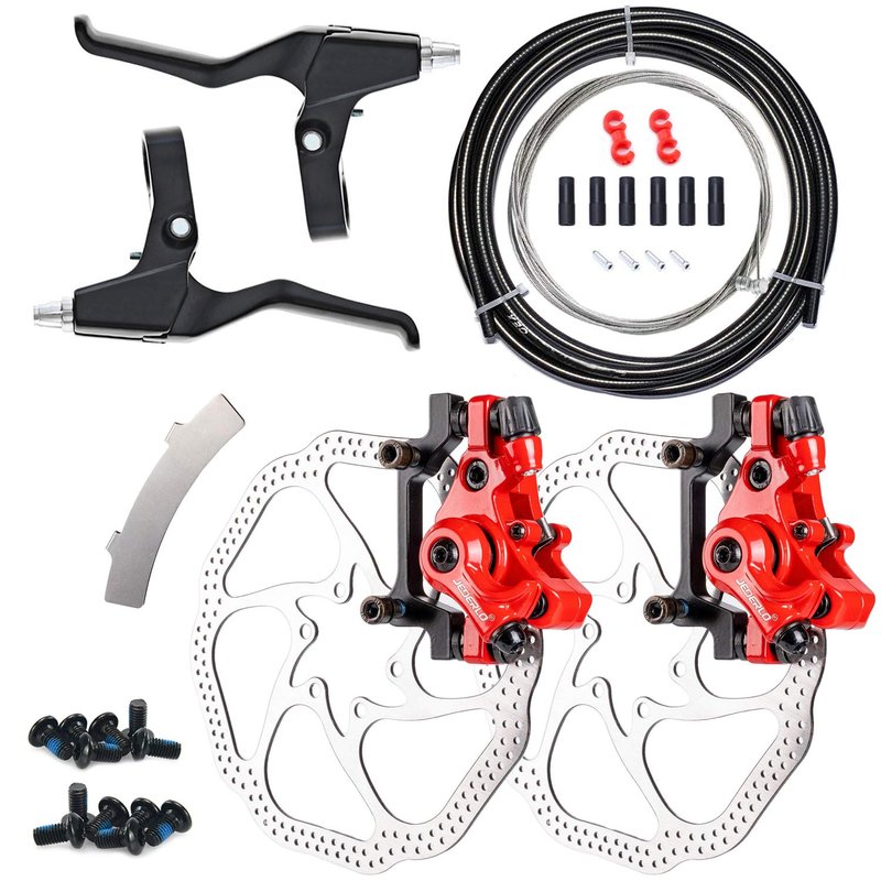 Farbetter Mechanical Bike Disc Brake Kit, Including Front and Rear Caliper, Brakes Cables, Brake Levers, 160mm Rotor, with Cable End Tips Caps, Rotating S-Hook Clips, Disc Rotor Adjuster (Red)