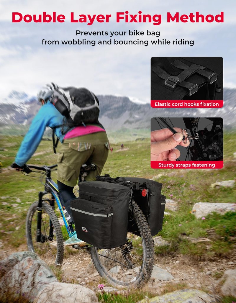 KEMIMOTO Bike Bag Panniers with Rain Cover, 34L Waterproof Bicycle Saddle Bag for Rear Rack Mountain Biking Bags Storage, Ebike Accessories for Commuter Grocery Shopping Travel Carrier, Black