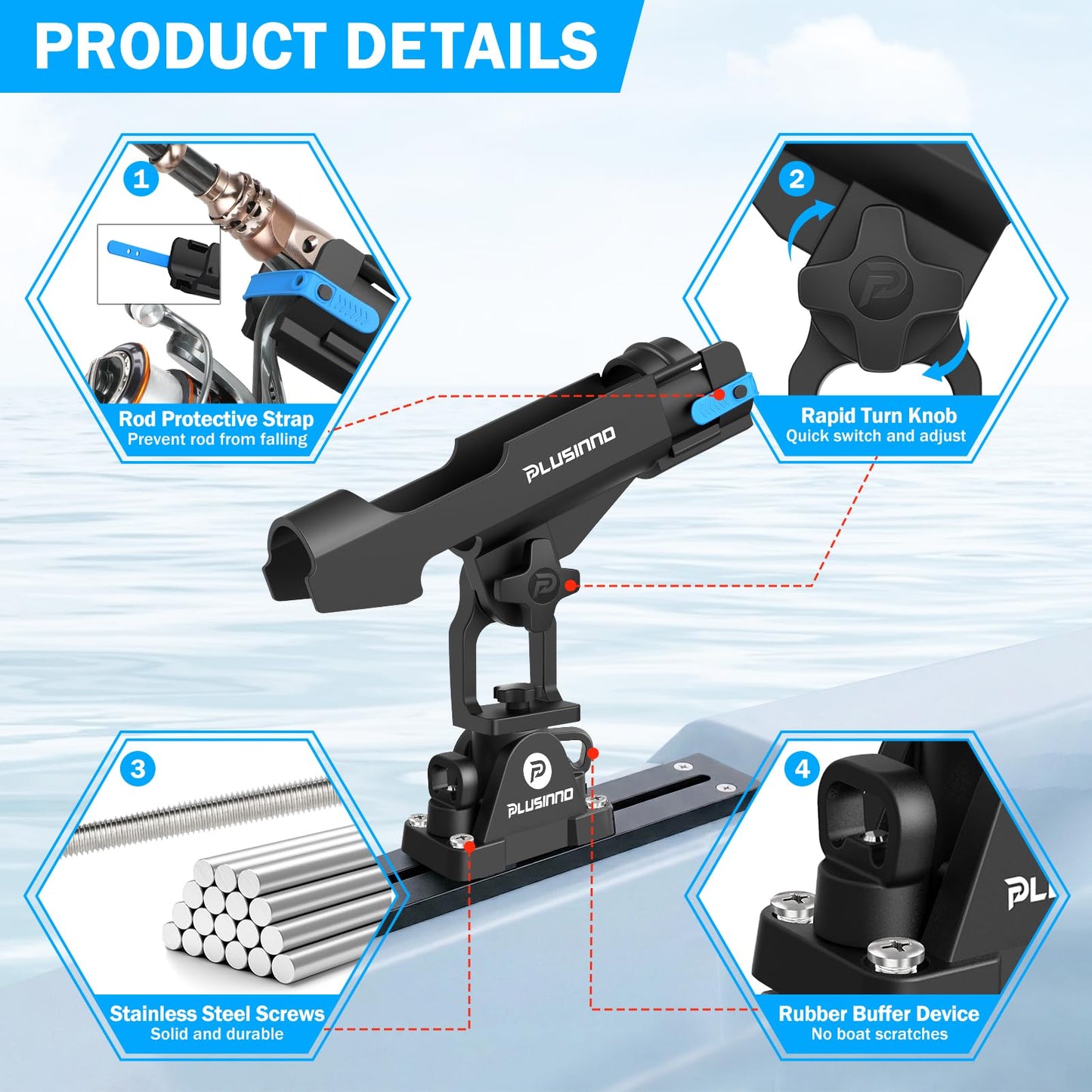 PLUSINNO Kayak Fishing Rod Holder with Tracks, 2 in 1 Fishing Rod Holders for Boat, Kayak Accessories, Fishing Pole Holders for Track Mount / Deck Mount with Fishing Rod Protective Strap, Kayak Rail