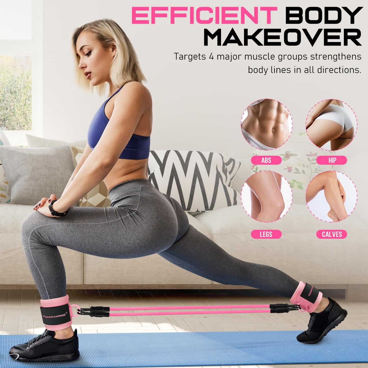 Ankle Resistance Bands with Cuffs, Ankle Bands for Working Out, Ankle Resistance Band, Glutes Workout Equipment, Butt Exercise Equipment for Women Legs and Glutes (Pink)