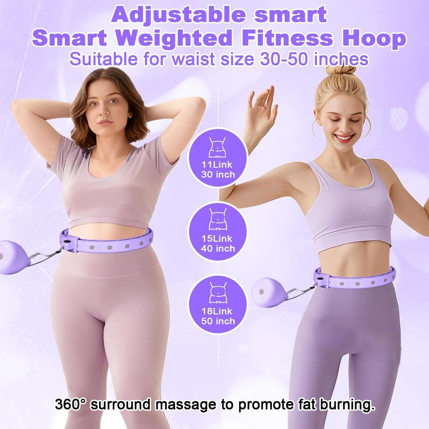 Smart Silent Weighted Fitness Hoop with Counter, Adjustable 30"-50" Infinite Exercise Hoop - A Spinning Hoop for Waist & Adult Weight Loss, for Women & Beginners (Purple)