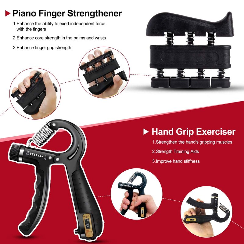Hand Grip Strengthener Set with Piano Finger Exerciser, Silicone Trainer, Grip Ring, TPE Ball, 5 Pieces