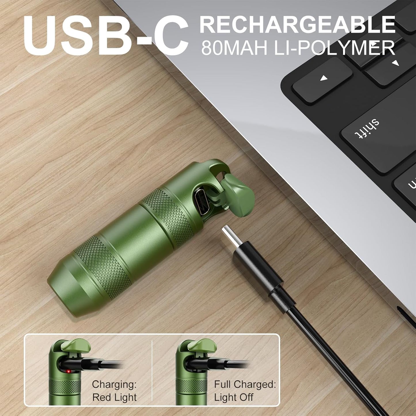 Rechargeable Keychain Flashlight - 100 Lumens Mini LED Light | Portable Magnetic Base, Green, 1 Pack