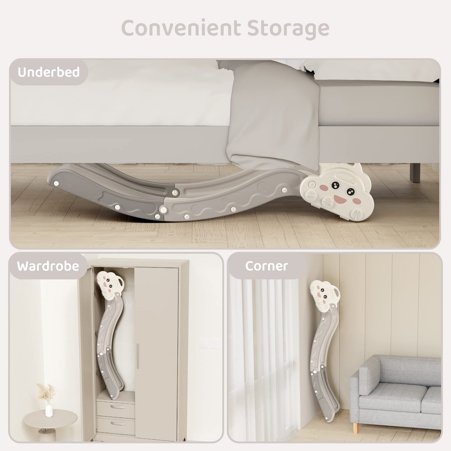 Indoor Kids Baby Couch Slide for Toddler 1-3, Sofa Slide Add-on Attachment for Bed Nugget Playgrounds, with Secure Base Guardrail, Gentle Slope Extended Buffer Zone, Fun Cute Cloud Design, White