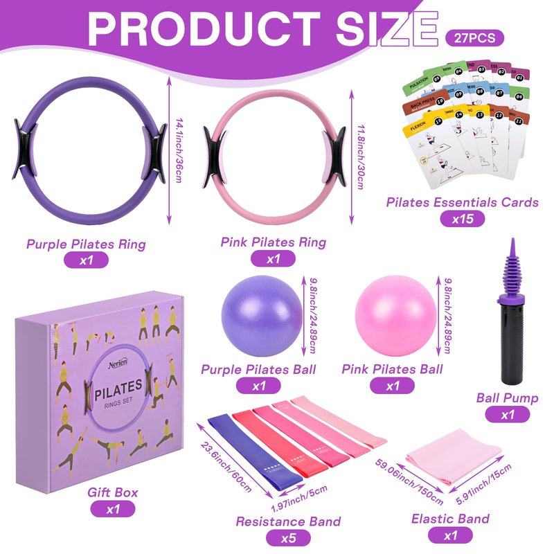 Pilates Ring Ball Equipment Kit - 27Pcs, 12" & 14" Magic Circle Workout Rings, 9.8" Exercise Balls, Workout Cards, Resistance Bands, Women Yoga Essentials Set for Beginners, Home Reformer Accessories