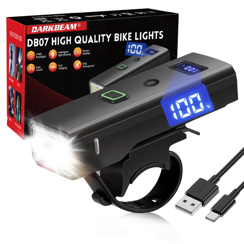 DARKBEAM Bike Light, High Lumens Super Bright Bicycle Front Headlight USB Rechargeable, Waterproof Cycling Lights 4-Mode for Night Riding, Road, Mountain, Safety, with LED Display & Light Sensor