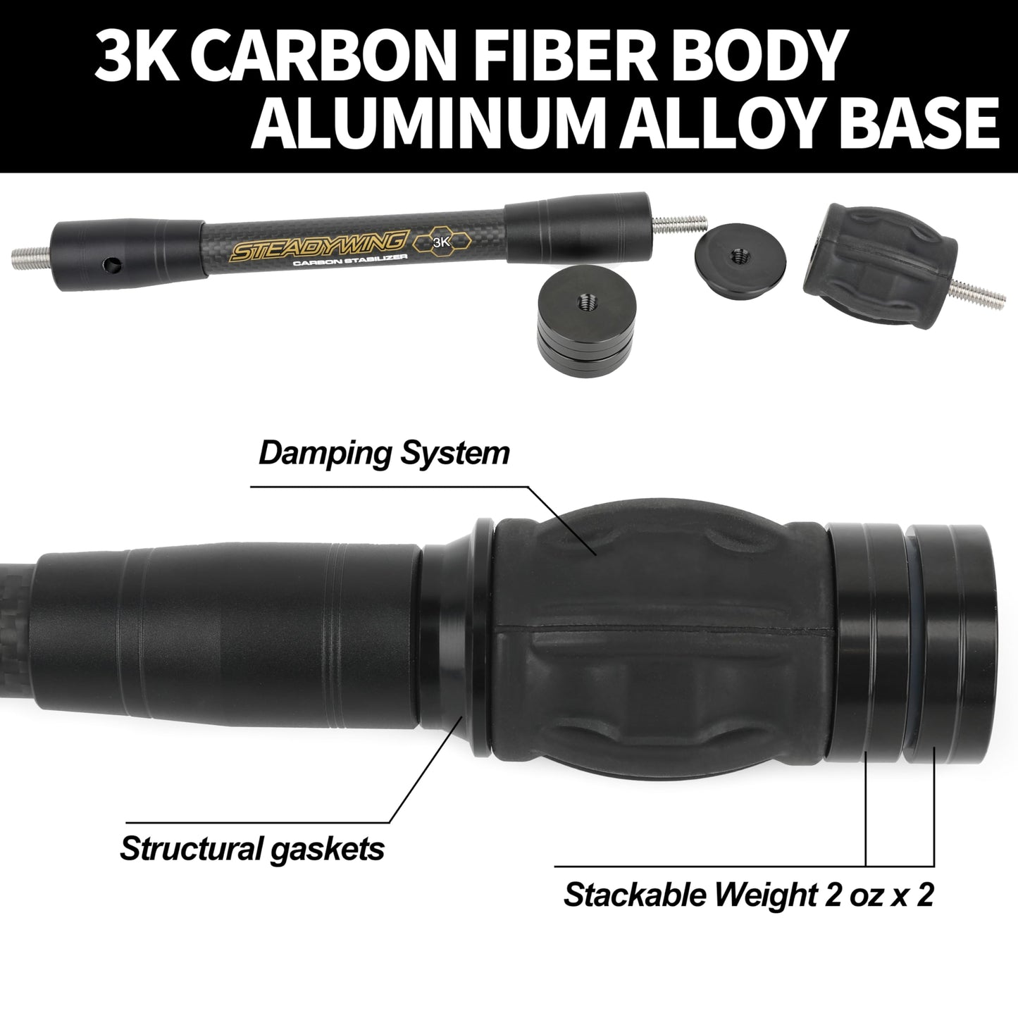 AMEYXGS Archery Bow Stabilizer for Compound Bow, 3K Carbon Fiber 6", 8", 10", 12" Rods, Damping System, Weights Kit, Single Side V-Bar Mount,Quick Disconnect (12″)