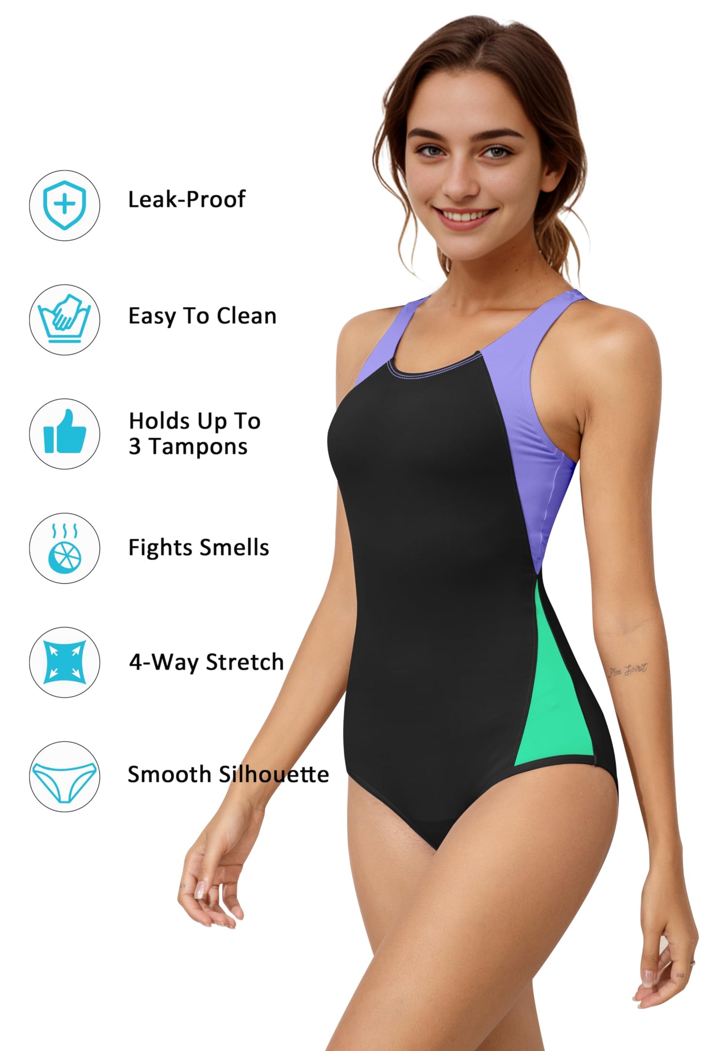Beautikini Period Swimwear One Piece Leakproof Menstrual Swimsuit Racerback Color Block Bathing Suit for Teen Girl Purple XXS