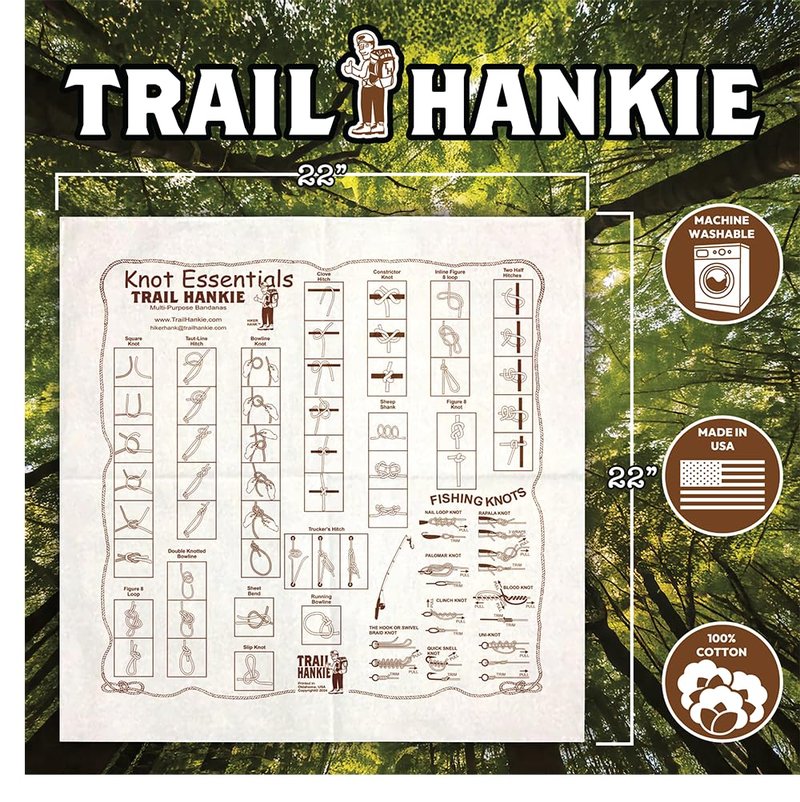 Trail Hankie Knot Essentials Bandana – Knot Tying Guide for Hiking, Camping, Fishing & Scouts – 100% Cotton, Made in USA, 22x22 Multi-Use Bandana