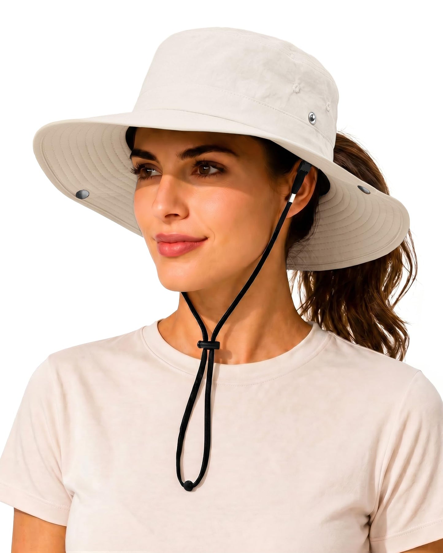 Women’s Sun Hat with Hidden Ponytail Opening, Wide Brim UPF 50+ Waterproof Nylon Bucket Rain Hat with Removable Chin Strap for Outdoor