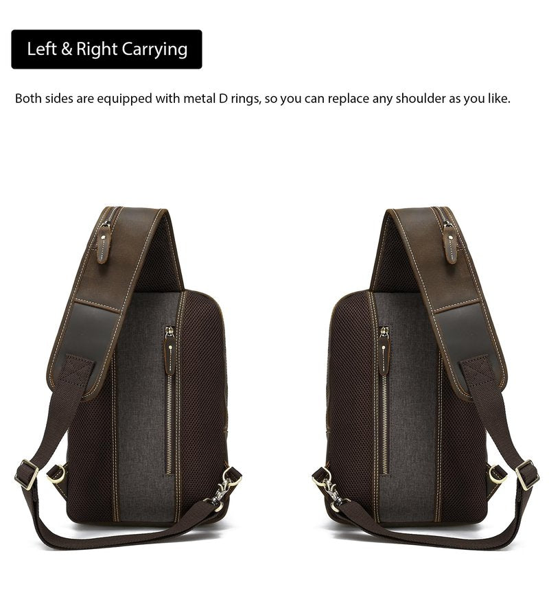 LANNSYNE Full Grain Leather Sling Bag For Men Crossbody Chest Daypack fits 12.9" iPad