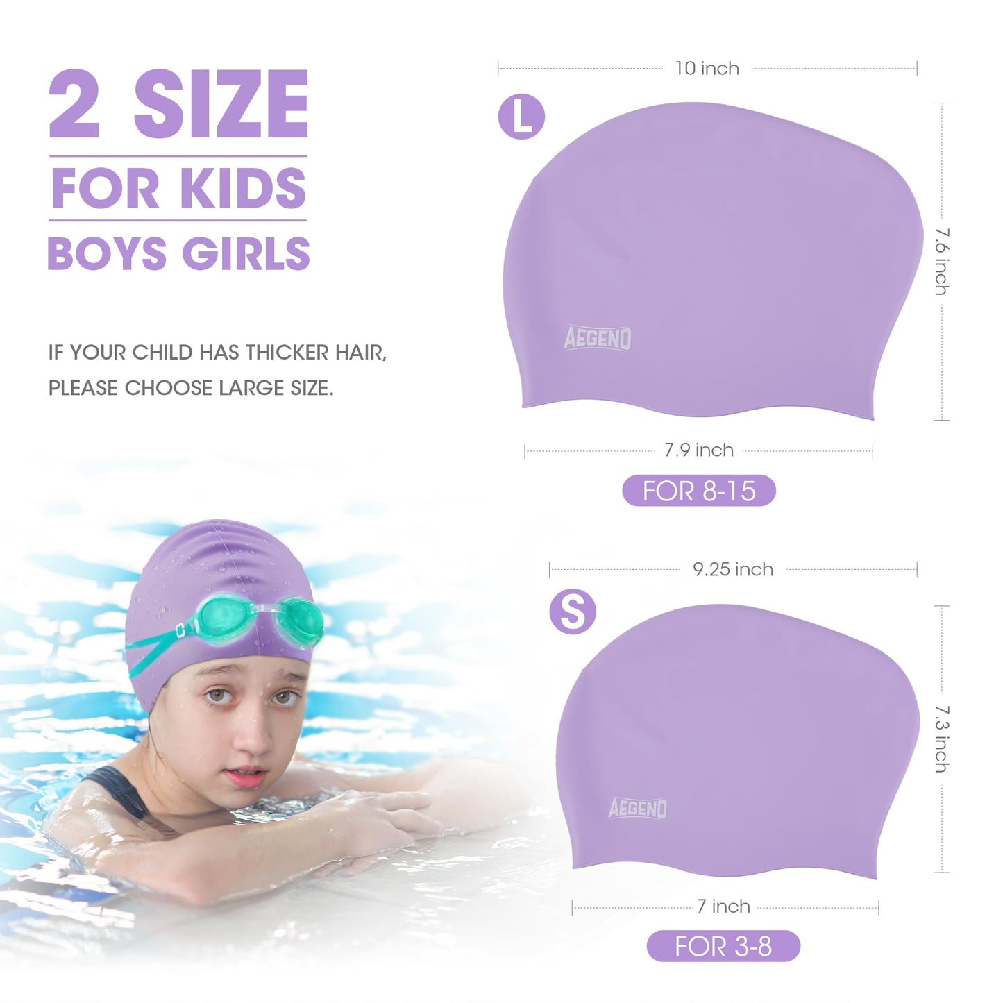 Aegend 2 Pack Long Hair Swim Cap for Girls and Boys Aged 3-15, Waterproof Silicone Swimming Cap for Kids/Children/Youth/Teens