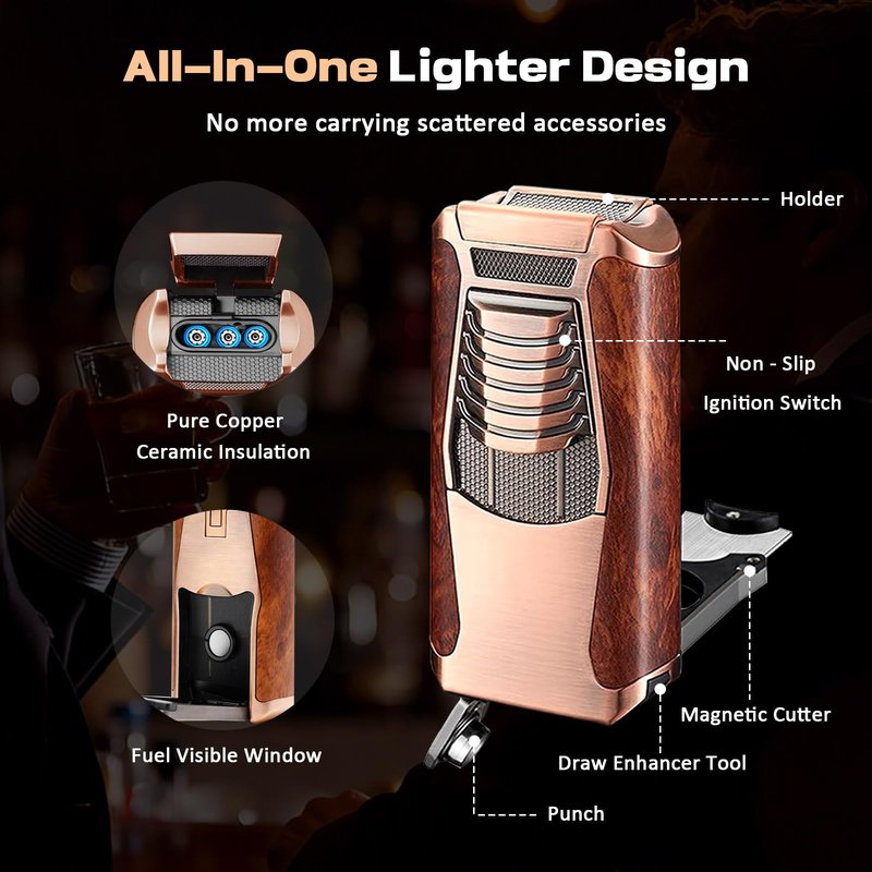 VloEssic All in One Butane Torch Lighter, Triple Jet Flame Windproof Lighter Built-in Cutter, Punch, Holder, Draw Enhancer, Refillable Butane Lighter for Candles, Cool Lighters Gift for Men (No Gas)