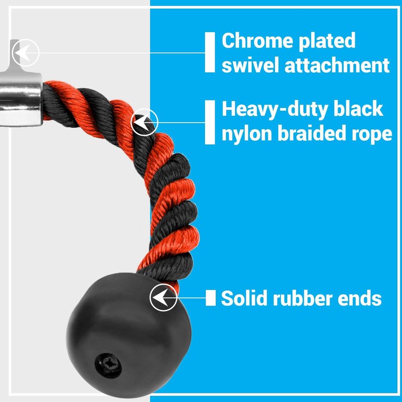 A2ZCARE Tricep Rope Cable Attachment with Snap Hook, Rope Pull Down Attachment Gym Rope Pull Down for LAT Pulldown Machine - 27 & 36 inch with Black & Red (E. 36" Black & Red + Single Tricep Rope)