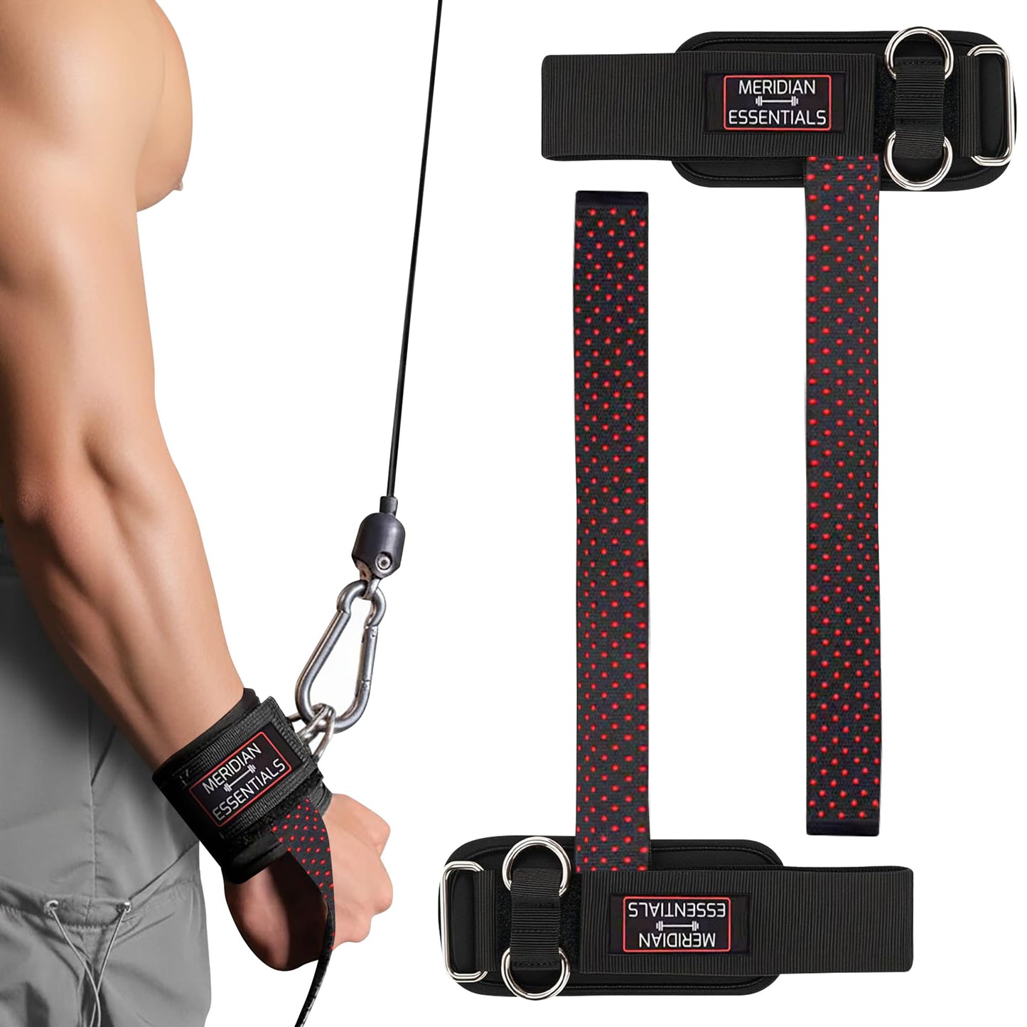 Meridian Essentials Weightlifting Straps with D-Ring – Heavy-Duty Lifting Straps with Cable Attachment, Neoprene Wrist Padding & Non-Slip Grip for Deadlifts, Rows, Cable Workouts & Pull Exercises - Black