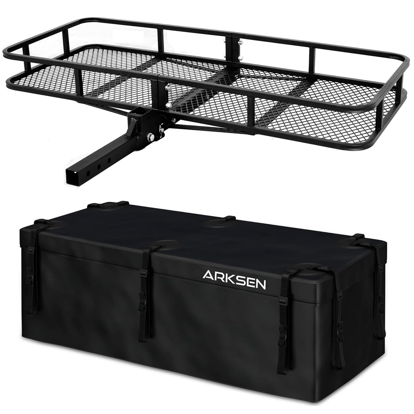 ARKSEN 60 x 25 Inch Folding Cargo Rack Carrier with 500D PVC Waterproof Cargo Bag 500 Lbs Heavy Duty Capacity 2 Inch Receiver Luggage Basket Hitch Fold Up for SUV Pickup Camping Traveling