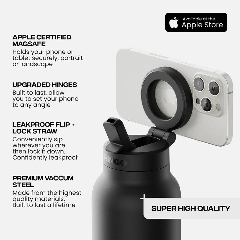 RINGO PRO Water Bottle with Magnetic Phone Mount & Sip Straw Lid - Insulated Stainless Steel Bottle for Workouts, Content Creation, Navigation & Facetime on the Go, 12Hrs Hot/24Hrs Cold Black-24oz