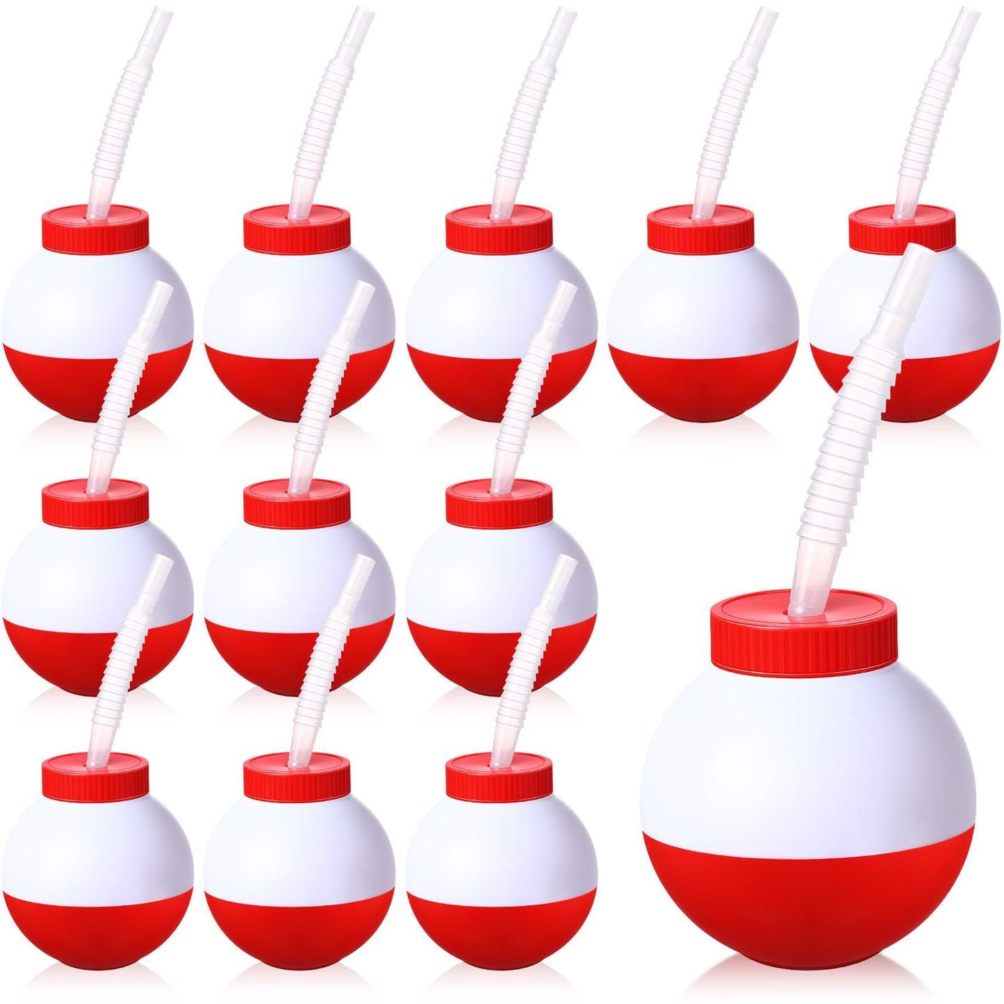 FillTouch 12 Set Fishing Bobbers Cups with Straws and Lids 10 oz Fun Fishing Birthday Party Decorations Red and White Plastic Cups for Kids Fishermen Pool Party Decorations