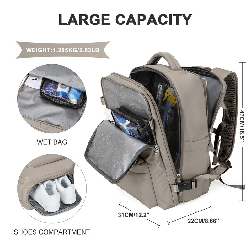 WONHOX Large Travel Backpack Women, Carry On Backpack, Hiking Backpack Waterproof Outdoor Sports Rucksack Casual Daypack with USB Charging Port Shoes Compartment, Grey Brown