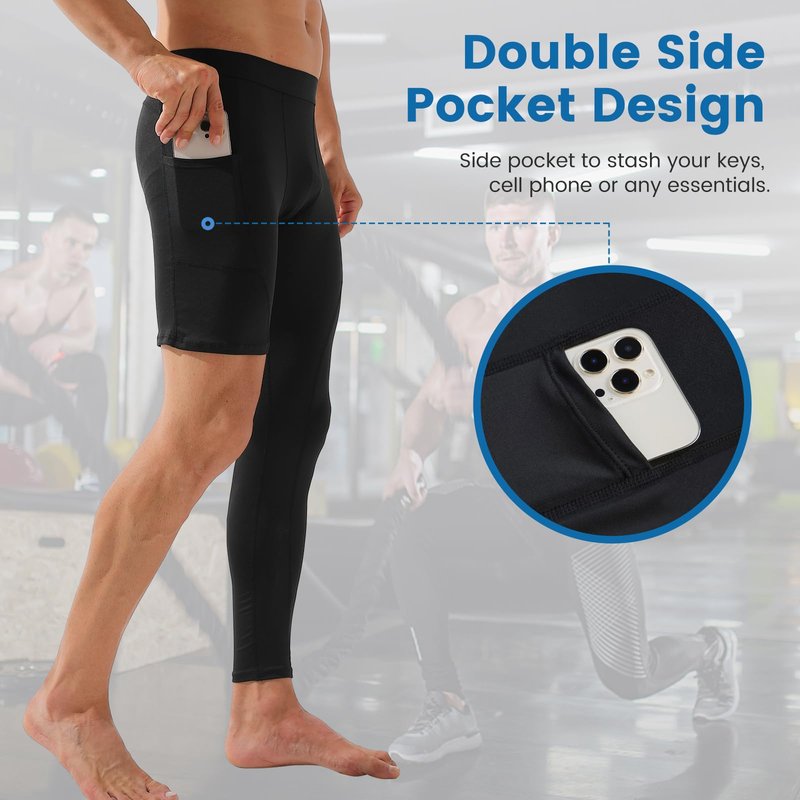 Blaward 2 Pack Men's Compression Pants Single Leg Tight Sports Long Pants with Pockets for Basketball Base Layer Leggings