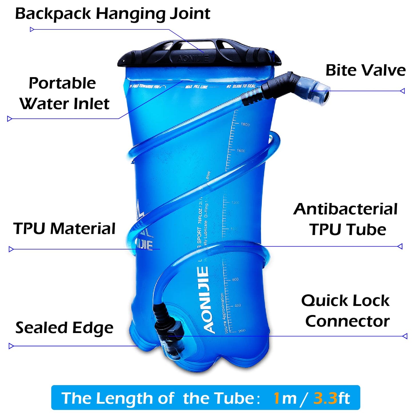 TRIWONDER 1.5-2-3L BPA Free Hydration Bladder Water Reservoir for Bicycling Hiking Camping Backpack (1.5L / 50oz (TPU))