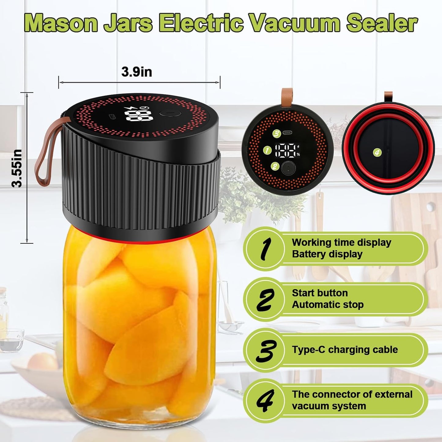 Mason Jar Vacuum Sealer Kit - 2-in-1 Electric Food Saver with Wide & Regular Mouth Lids | Ideal for Canning