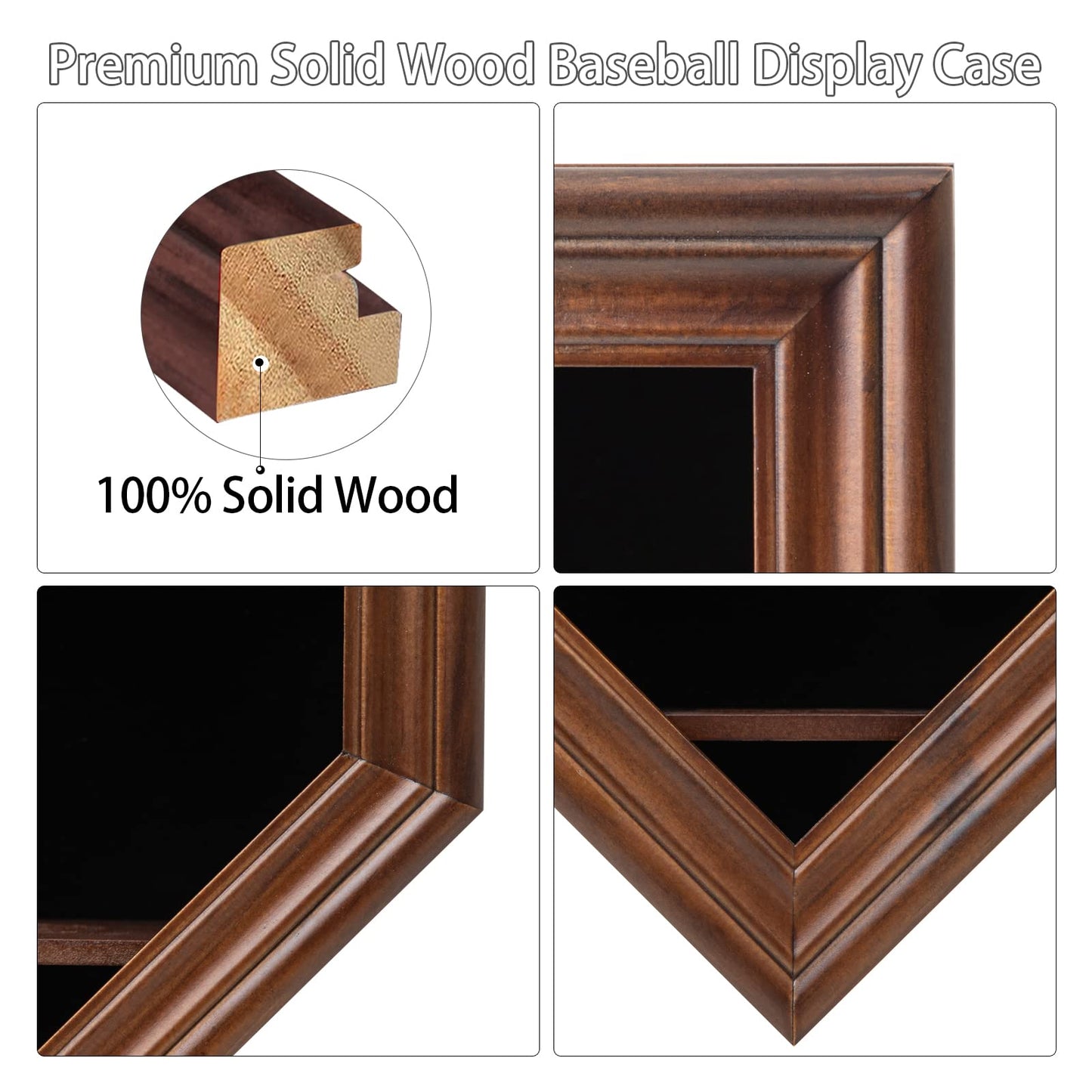 Grintus Baseball Display Case Real Glass-Solid Wood Baseball Holders for Balls and Championship Ring Display Wall Mount with Lockable Door for Autograph Balls Collection (Walnut)
