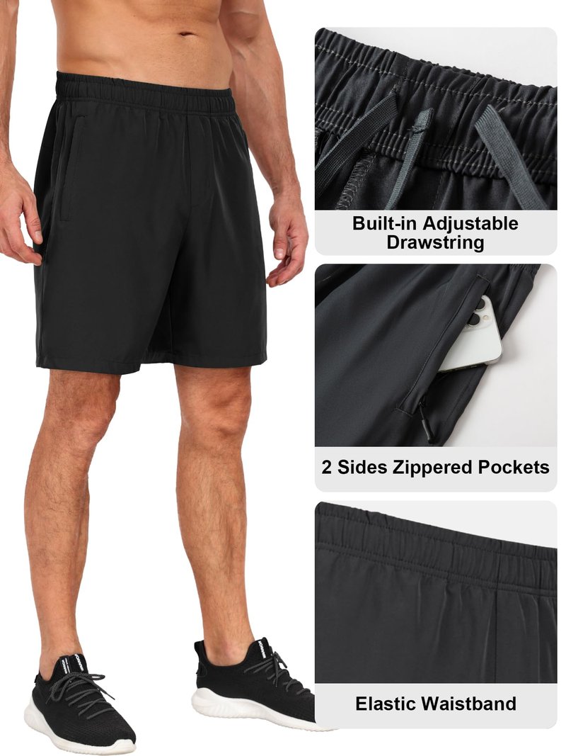 POVWVPY Men Running Athletic Shorts, Quick Dry 7 inch Inseam Gym Workout Men Shorts with Deep Pocket & Zipper(black2,Dark Grey1,Dark cyan1,navy1,M)